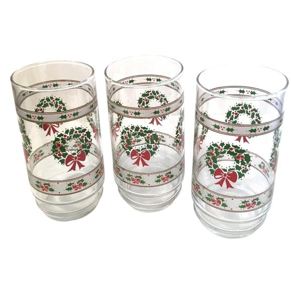 Christmas Glass Set Holly Wreath & Berry Pattern 12 oz Tumblers Vintage Libbey - Picture 2 of 3